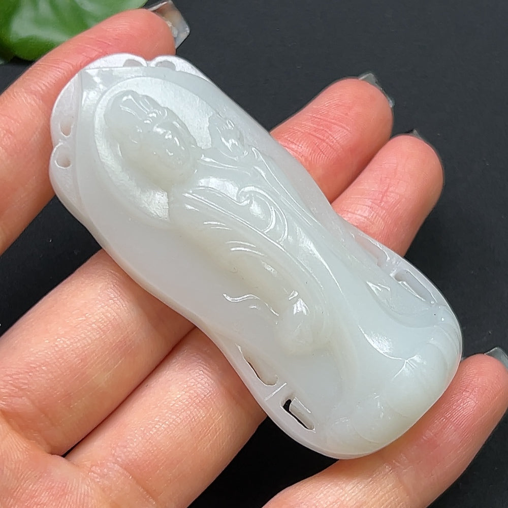 Elegant Hetian Jade Guanyin pendant necklace with intricate carvings, crafted by HKHQ, showcasing smooth jade and detailed design.