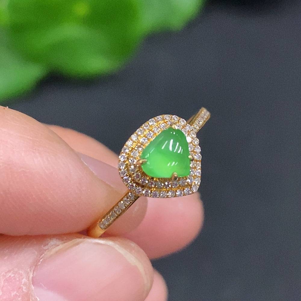 Jadeite ring with 18K gold band, accented with diamonds, size 15, from HUILIU HQ, featuring a polished jade gemstone.