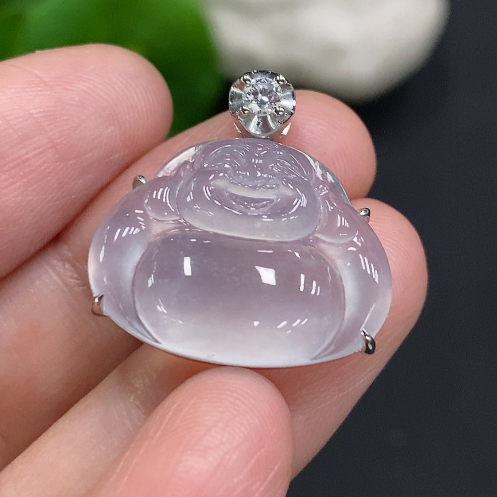 Jadeite Buddha pendant with inlaid design in 18K gold, crafted by HUILIU HQ, weighing approximately 4g, showcasing detailed craftsmanship.