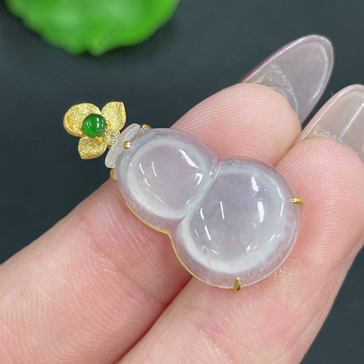 Huiliu Jadeite pendant in a gourd shape with intricate inlay, certified jade jewelry, no diamonds, crafted by HUILIU HQ.