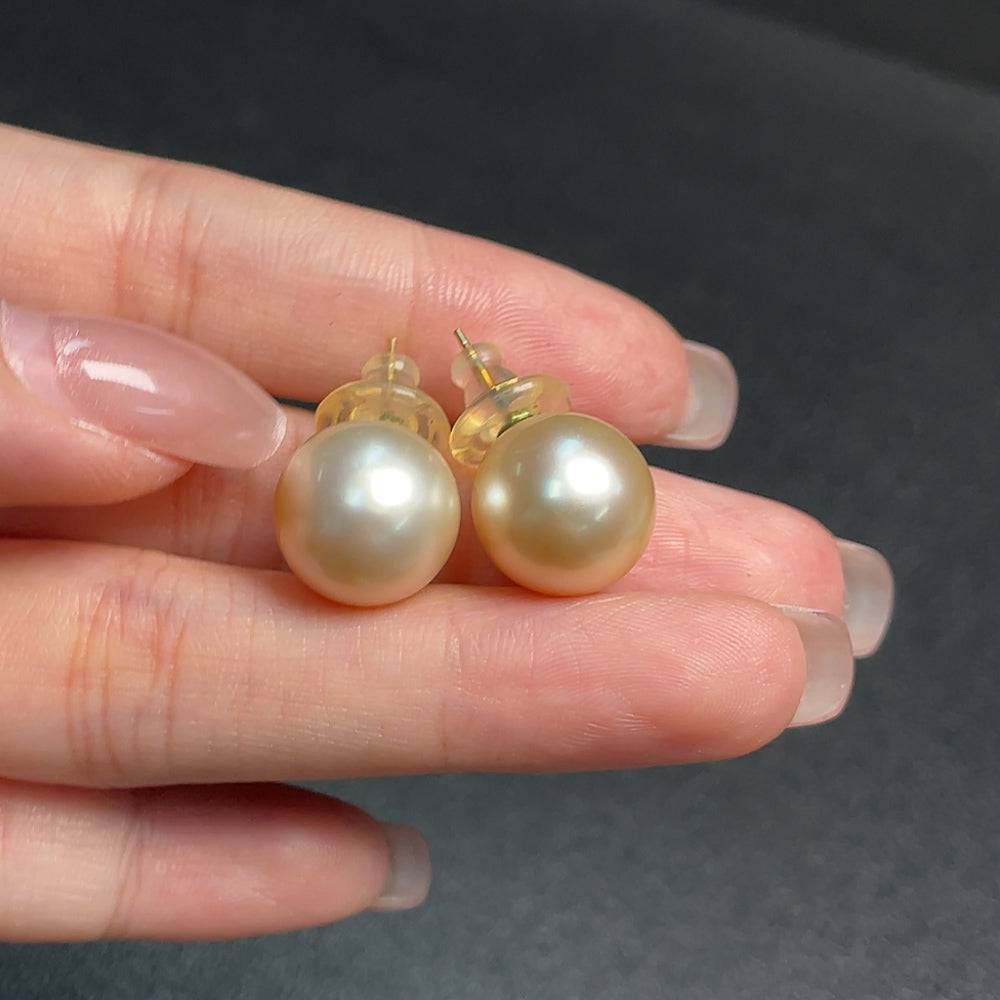 HUILIU HQ seawater pearl earrings with 12.8mm pearls and 18K gold setting, weighing 6.47g, natural color, elegant jewelry.