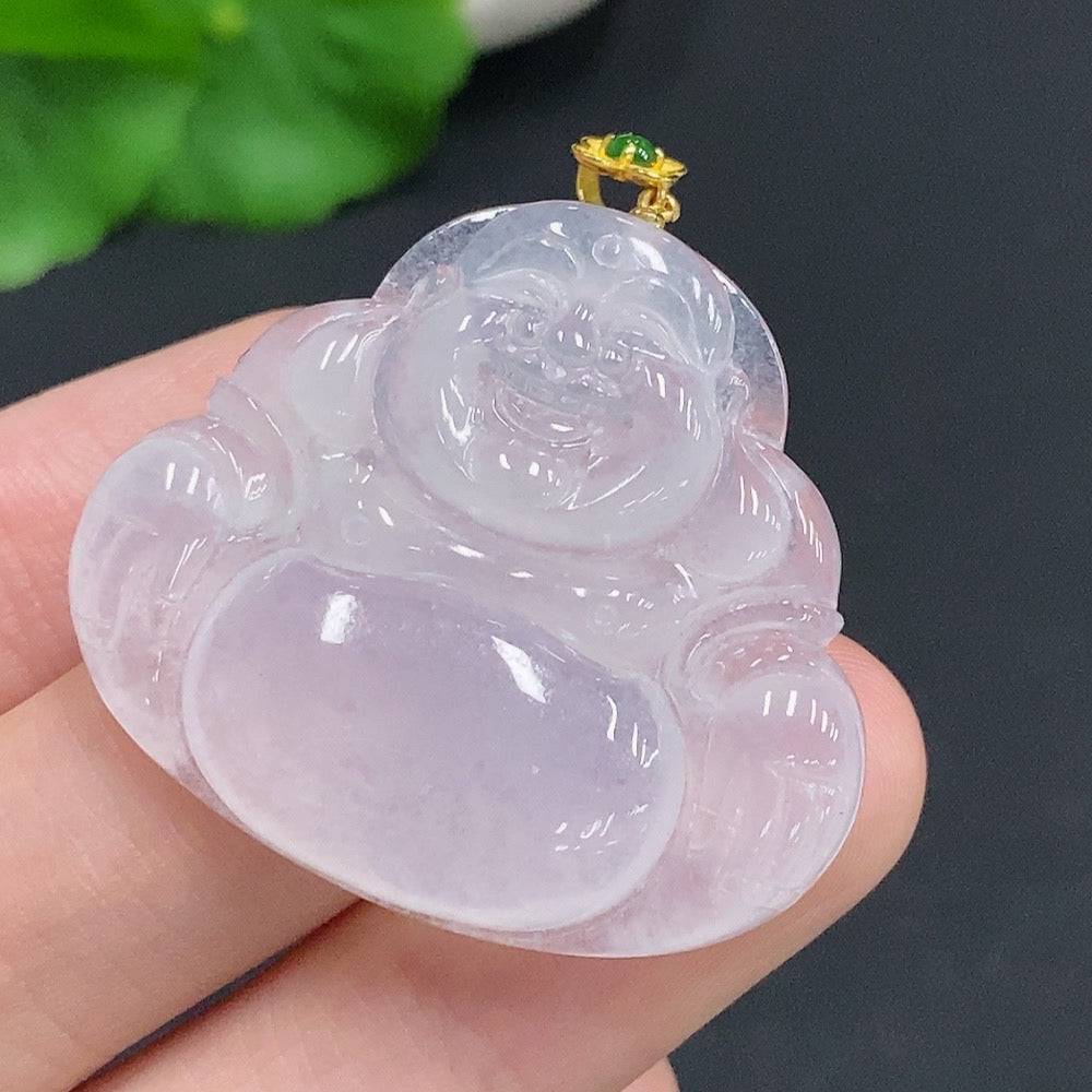 Jadeite Buddha pendant with 18k gold clasp, weighing approximately 10g, featuring intricate Buddha design on smooth green jade.