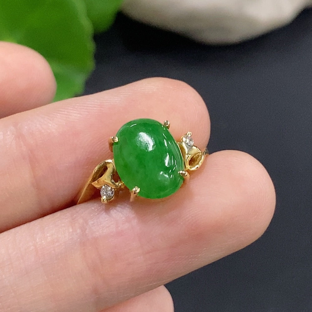 Jadeite Cabochon Inlaid Ring 18K Gold with Diamond Accents Size 13 Total Weight Approx. 2.79g