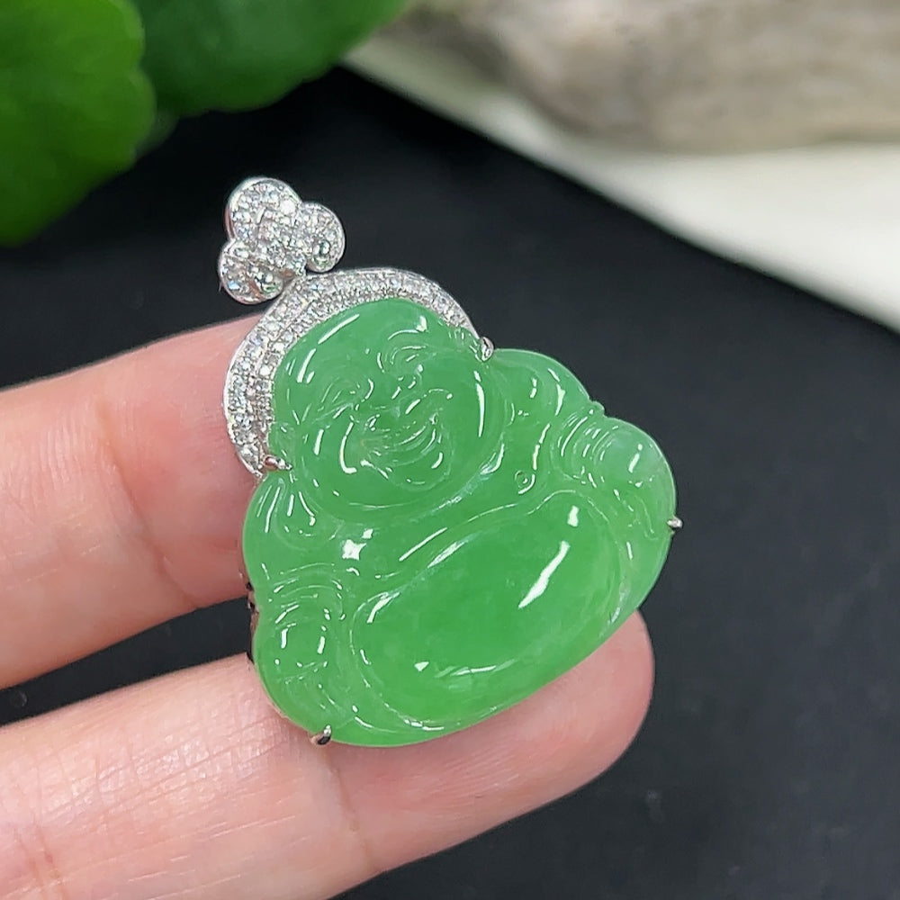 Jadeite Buddha Pendant Set in 18K Gold (with Diamond Accents)