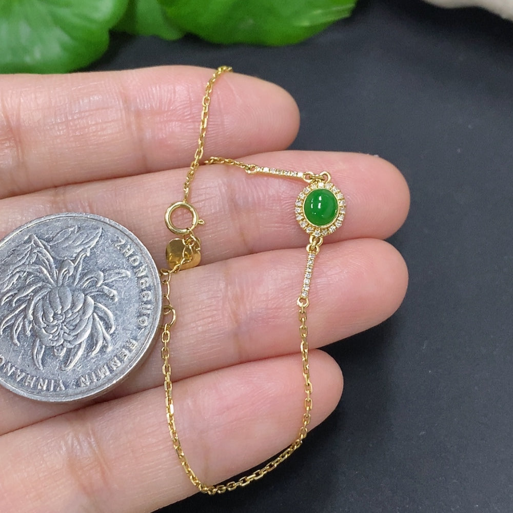 Jadeite Cabochon Inlay Bracelet 18K Gold Total Weight Approx. 1.1g (With Diamond Accents)