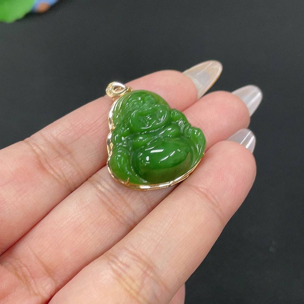 Huiliu HQ Hetian jade Buddha pendant with diamond accents, intricately carved and inlaid, showcasing fine craftsmanship and elegant design.
