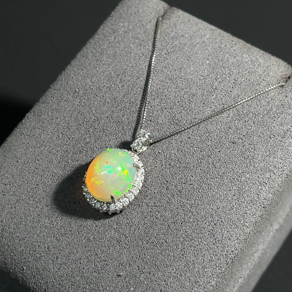 Opal Necklace with Diamond Accents, Pendant Pt87%, Chain Pt84%