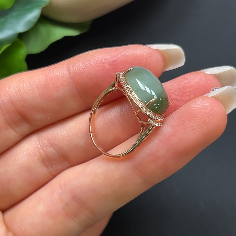 Hetian Jade Inlaid Ring 18K Gold with Diamond Accents