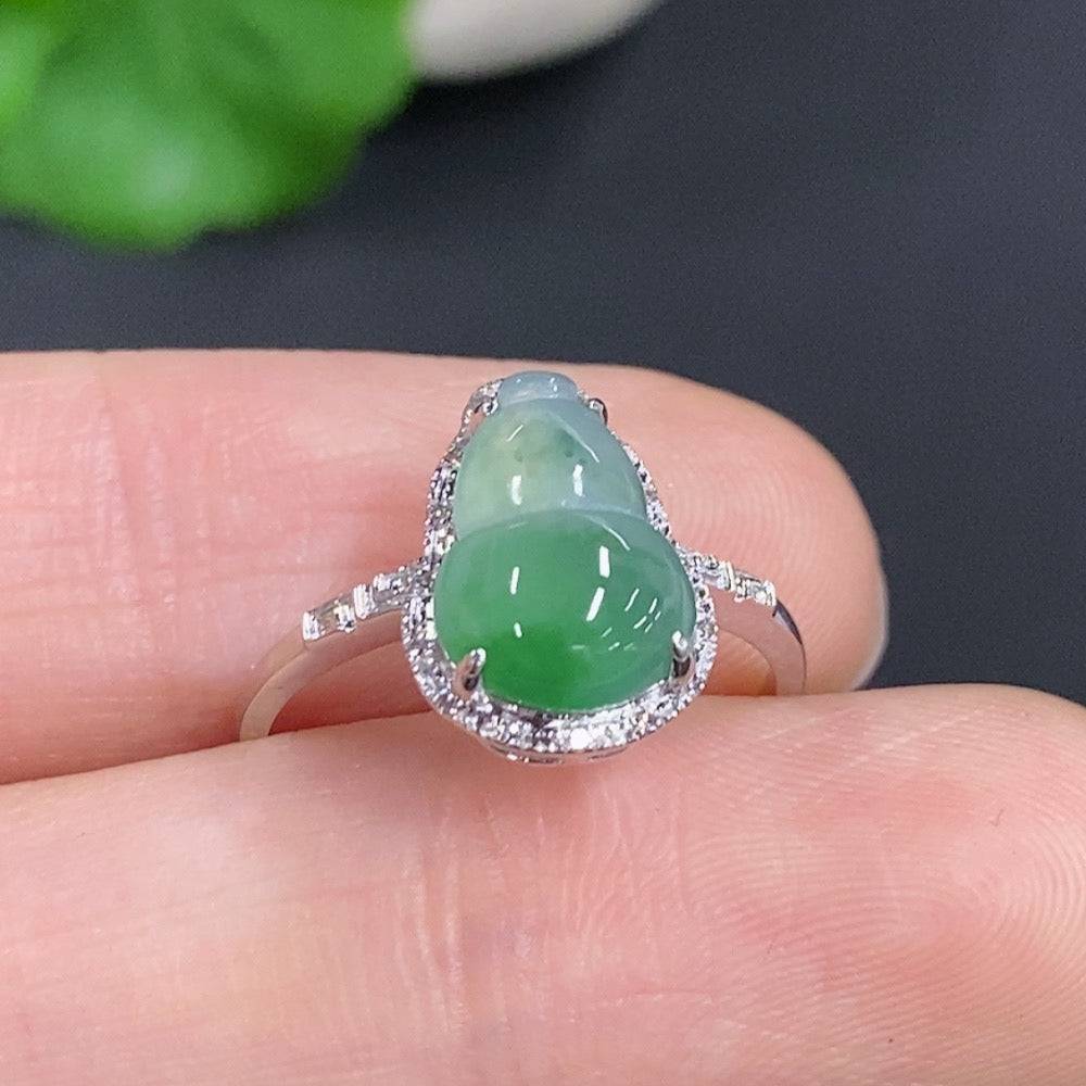 Jadeite gourd inlaid ring with 18k gold and diamond accents, size 13, crafted by HUILIU HQ, featuring intricate jade and gold details.