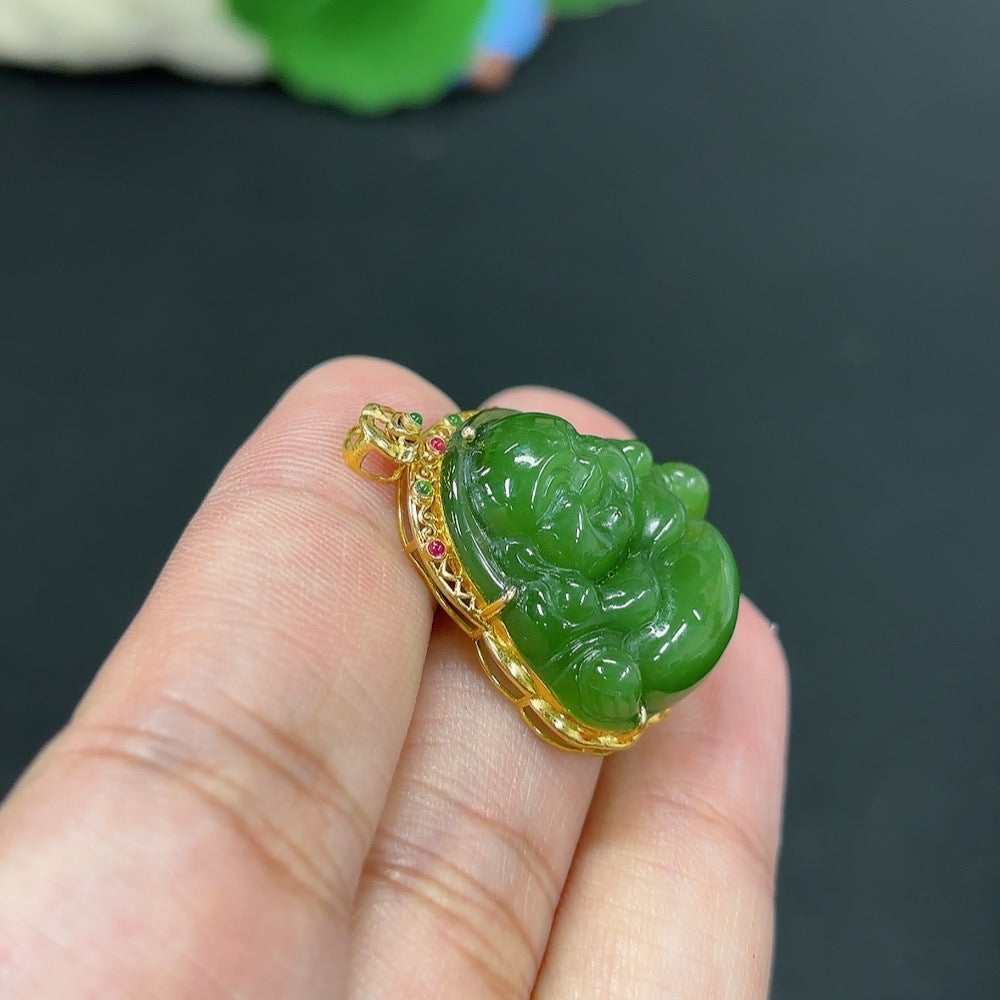 Hetian Jade Inlaid Pendant Buddha Total Weight Approx.6g 18k