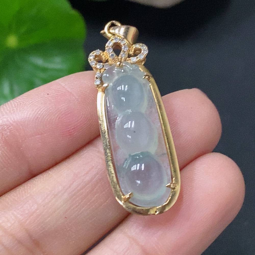 HUILIU HQ Jadeite lucky bean pendant with diamond accents, inlaid jade design, tested and certified by Huiliu.