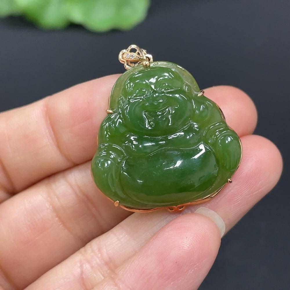 Huiliu certified Hetian jade Jasper Inlaid Buddha sculpture featuring intricate jade craftsmanship and inlaid design.