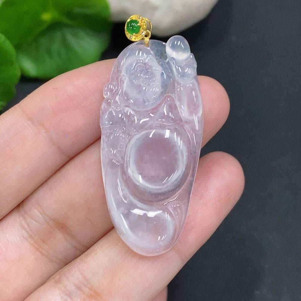 Huiliu Jadeite Maitreya pendant with clasp, set with diamonds, showcasing a polished jadeite gemstone in a detailed design.