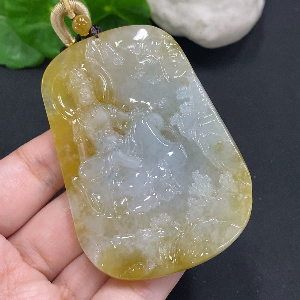Jadeite Landscape Guanyin pendant with rope, crafted from jade, weighing approximately 84.3g, detailed carving by HUILIU HQ.