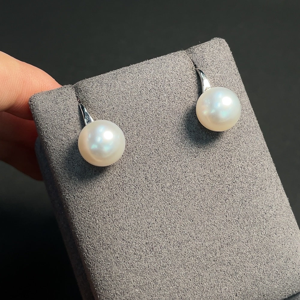 Seawater pearl earrings with 18K gold setting, 11.2mm pearls, HKHQ jewelry, elegant and lustrous pearl drop earrings