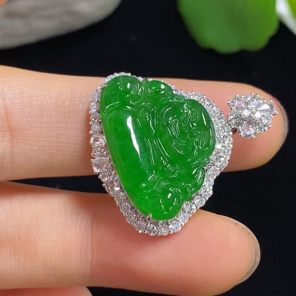 Jadeite Buddha Pendant with 18k Gold and Diamond Accents