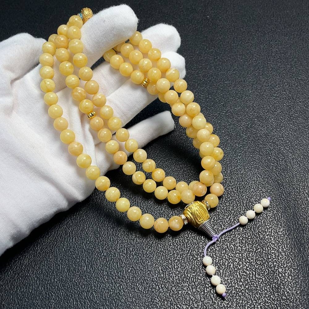 Huiliu Amber Beeswax Bead Necklace with 7.8mm beads, natural amber jewelry, certified non-processed beeswax beads.