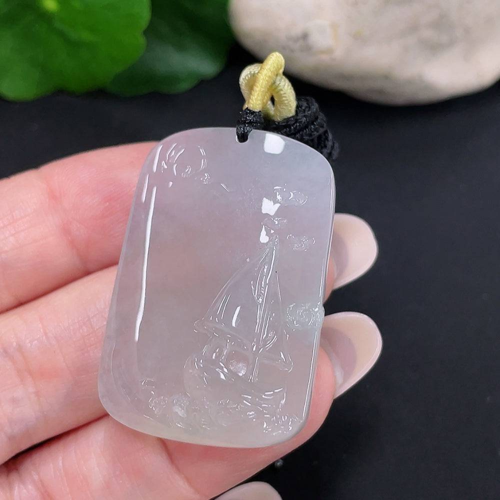 Huiliu Jadeite Smooth Sailing Pendant featuring polished green jade with carved sailing motif on a string.