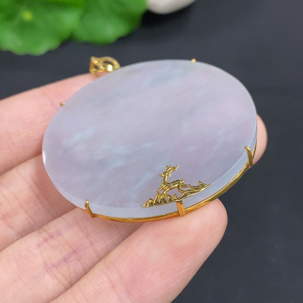 Jadeite plain pendant with diamond accents on 18K gold chain, elegant necklace by HKHQ, close-up view of the jewelry.