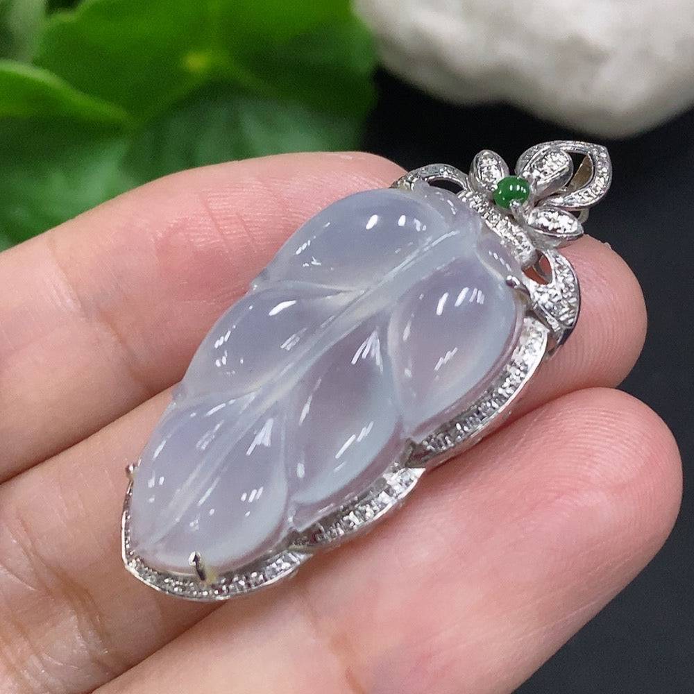 HUILIU HQ Jadeite leaf inlay pendant with diamond accents, featuring intricate jade jewelry craftsmanship.