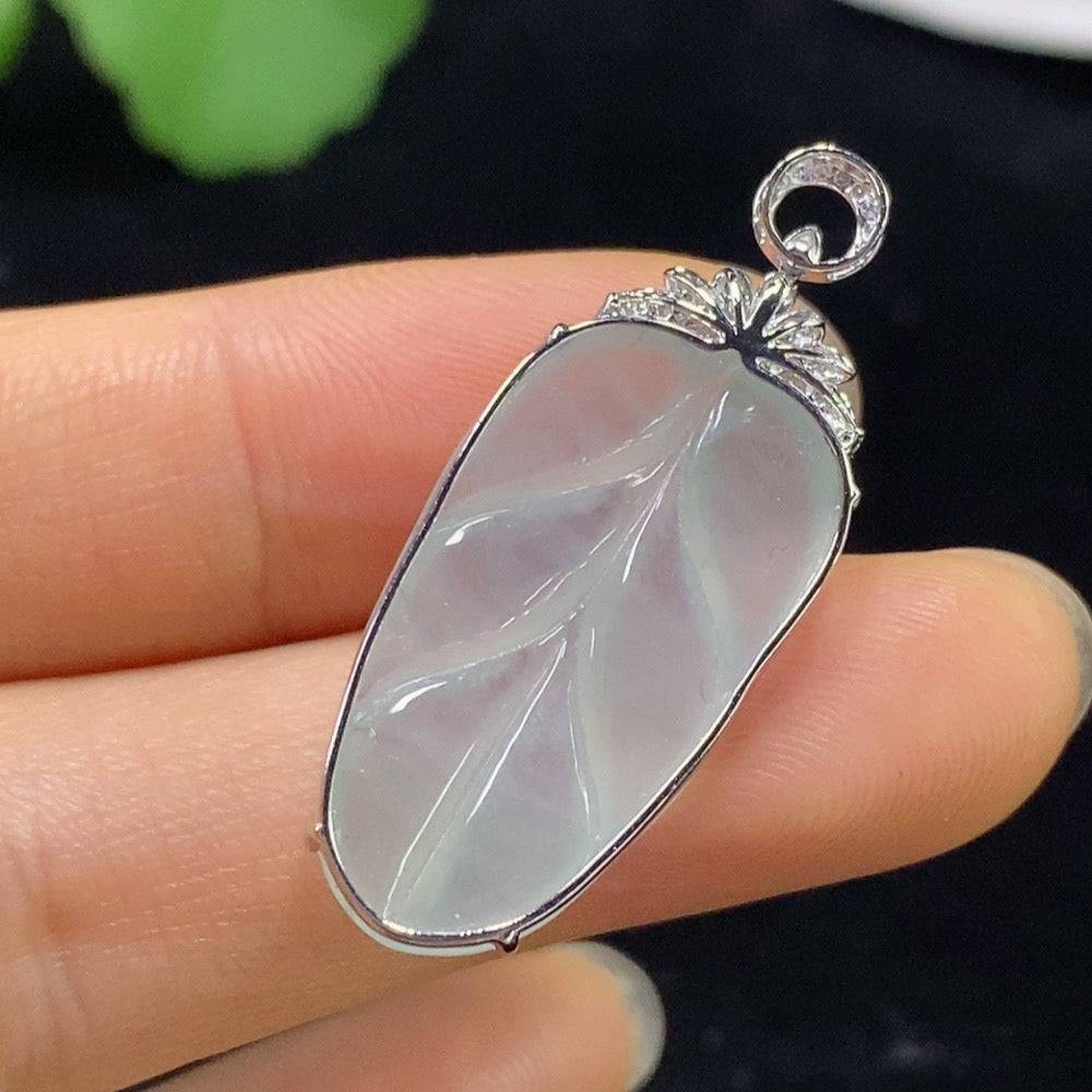 Jadeite leaf pendant with diamond accents, 18k gold, crafted by HUILIU HQ, featuring a detailed jade leaf design with sparkling accents.