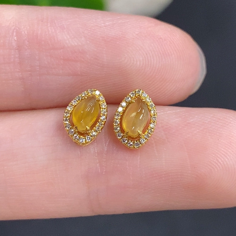 Jadeite Cabochon Stud Earrings 18k Gold Total Weight Approx. 1g Accented with Diamonds