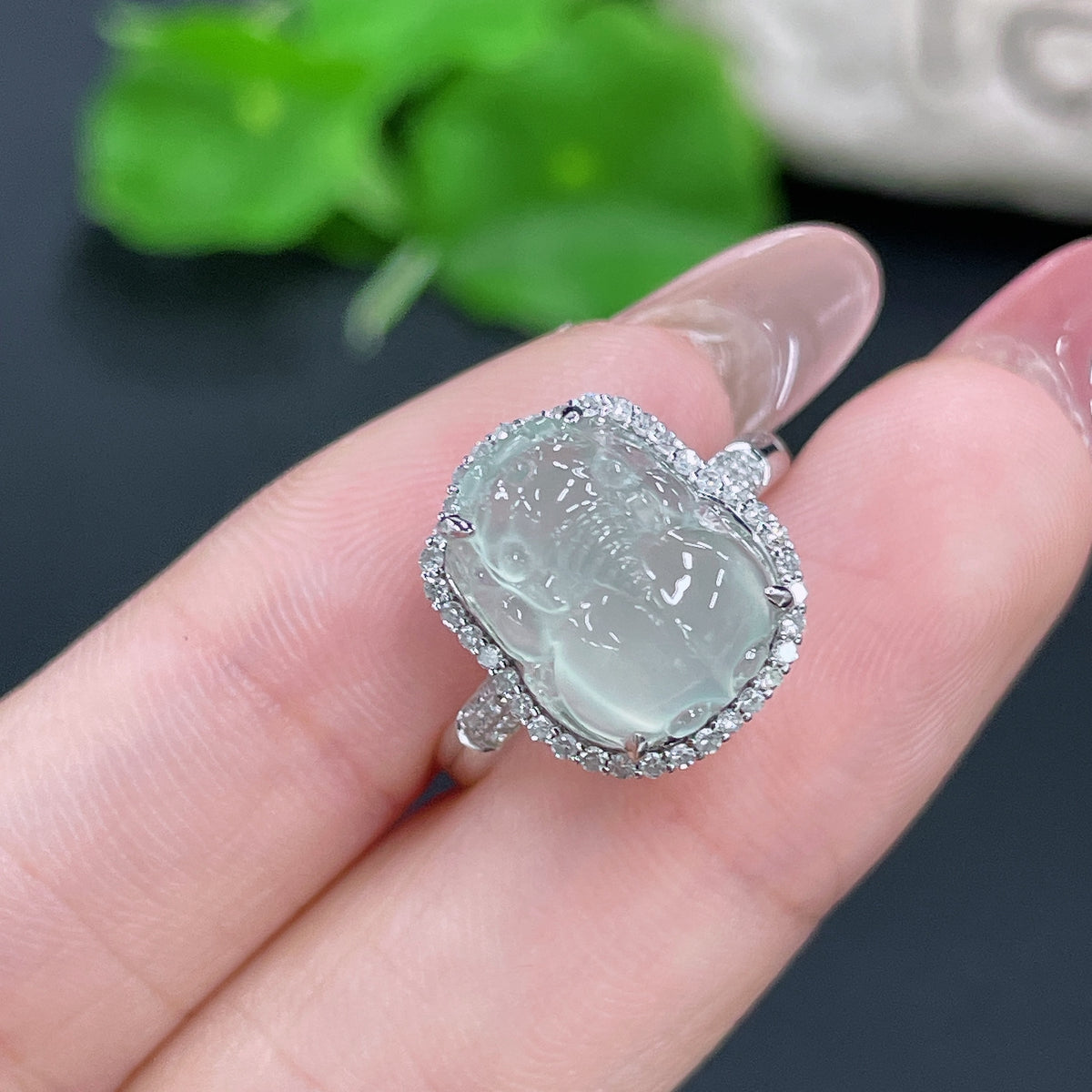 Jadeite ring with 18k gold band and diamond accent, size 14, featuring a polished jade gemstone, by HKHQ.