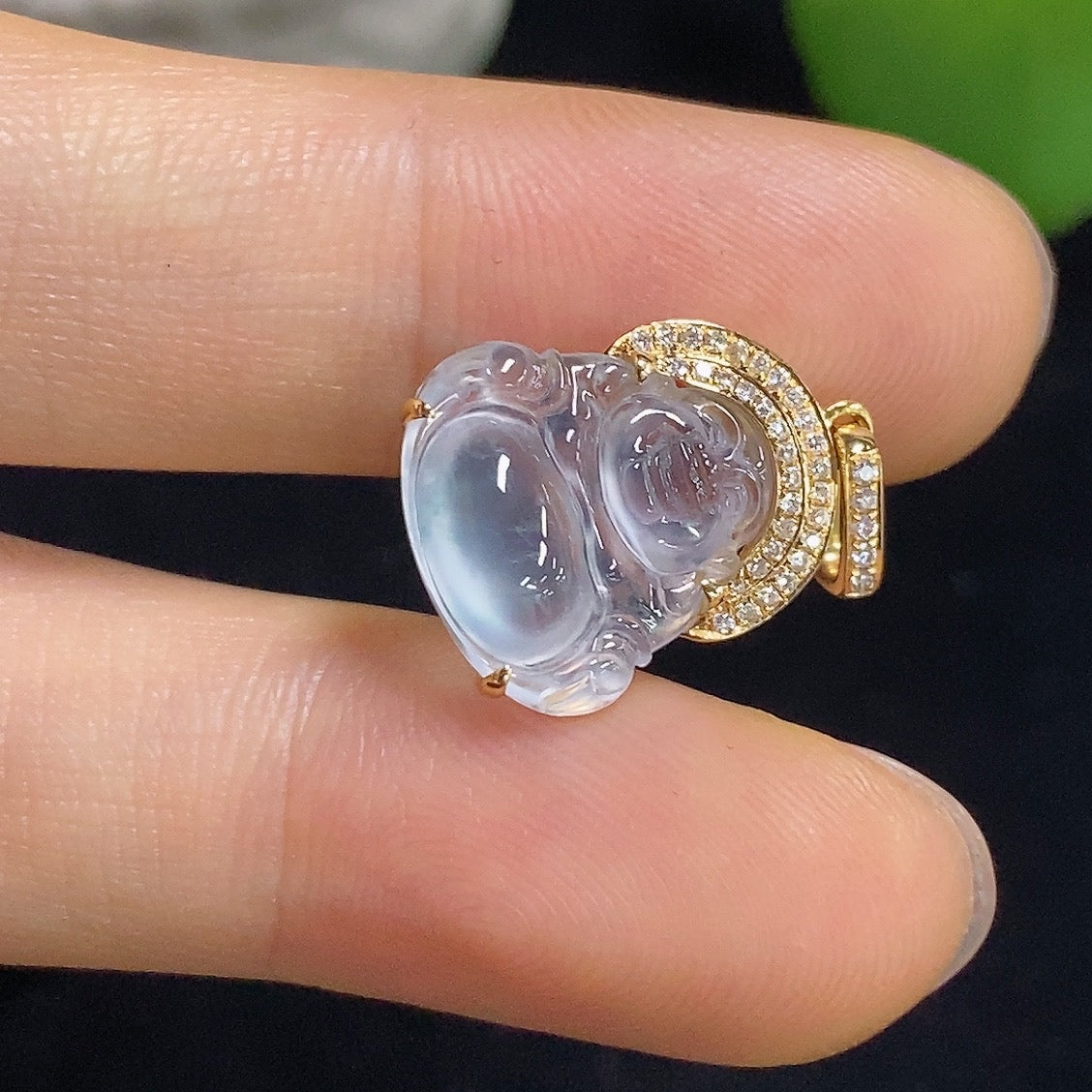 Jadeite Buddha Pendant Set in 18k Gold with Diamond Accents, Total Weight Approx. 1.97g (Including Setting)