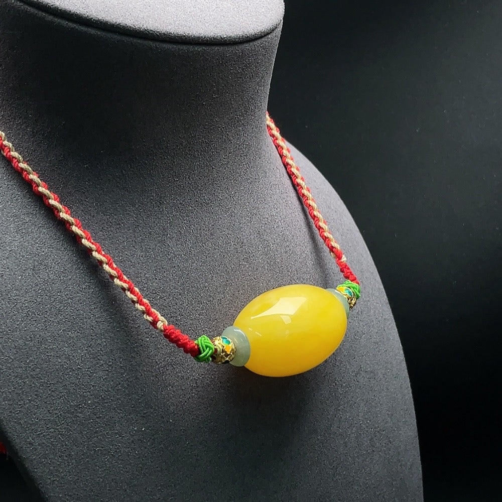 Amber Beeswax Pendant with Rope (Approx. 21.41g) Set with Jadeite