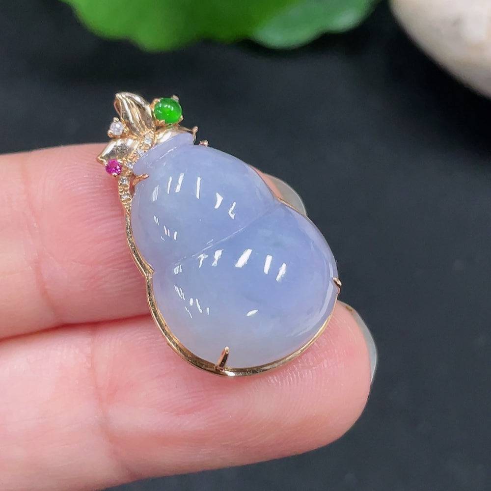 Huiliu Jadeite gourd pendant with inlaid design, crafted from high-quality jade, showcasing intricate craftsmanship on a white background.