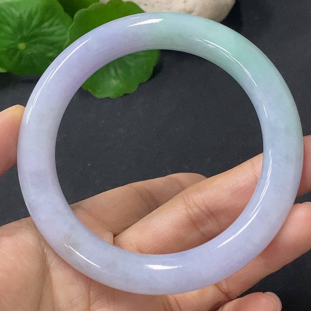 HUILIU HQ jadeite round bangle, 58g weight, size 55.6mm, smooth green jade jewelry displayed on a neutral background.