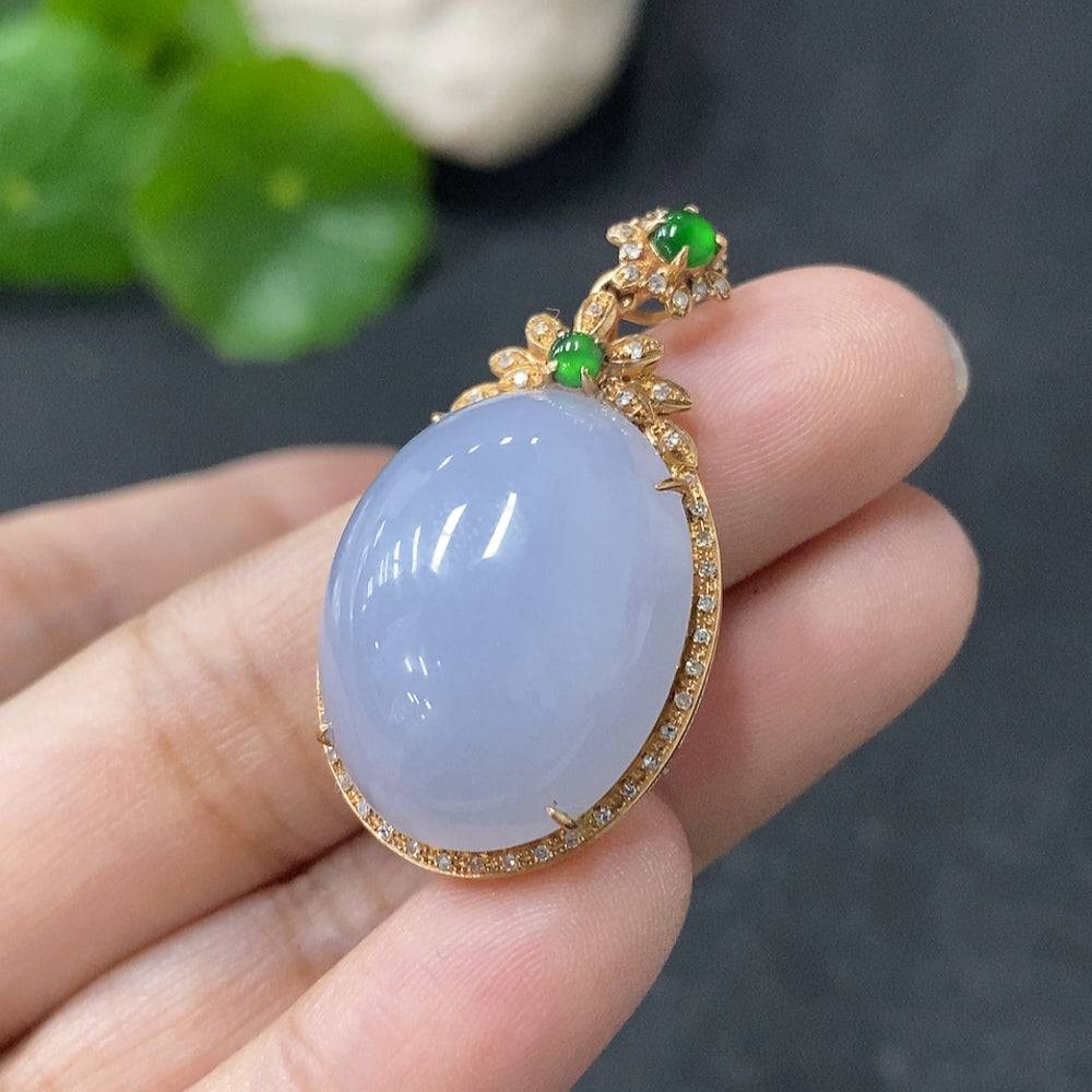Jadeite bezel-set cabochon pendant with 18k gold and diamond accents, crafted by HUILIU HQ, showcasing elegant jewelry design.