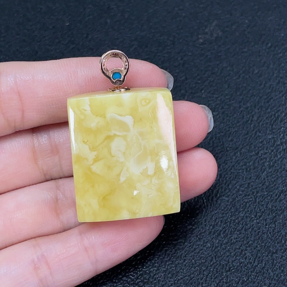 Amber Beeswax Inlaid Pendant 18K Gold Accent Stones Considered Non-Natural Accented with Diamonds