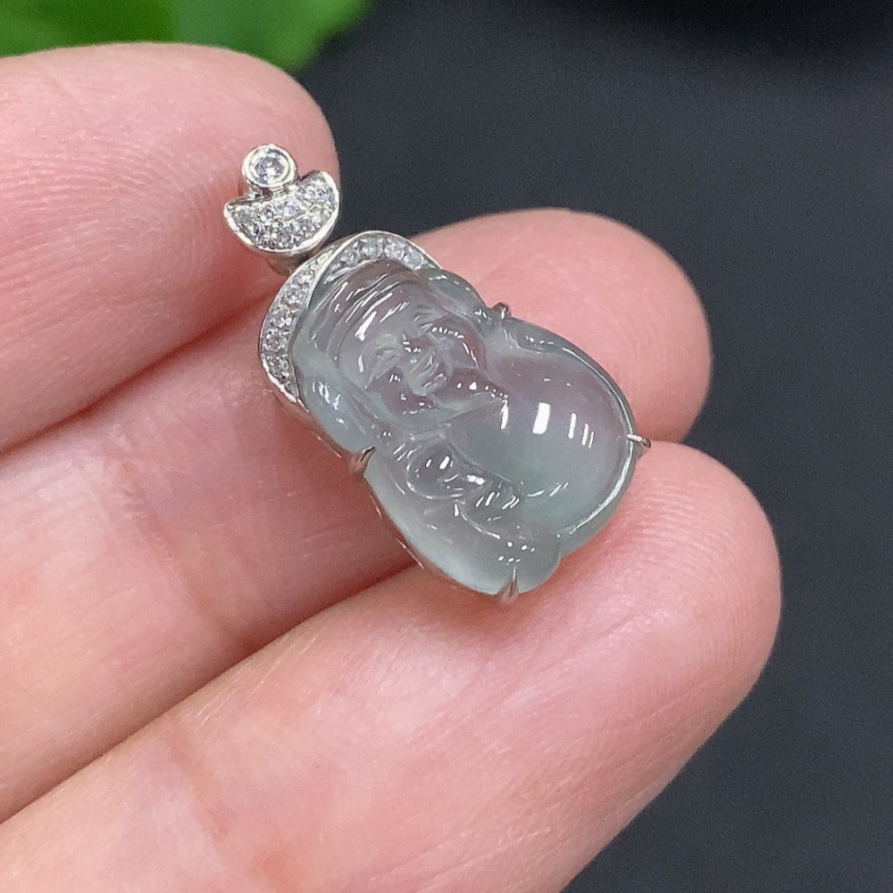 Jadeite Maitreya pendant with inlaid diamond accents in 18k gold, weighing approx. 1.7g, showcasing intricate craftsmanship.