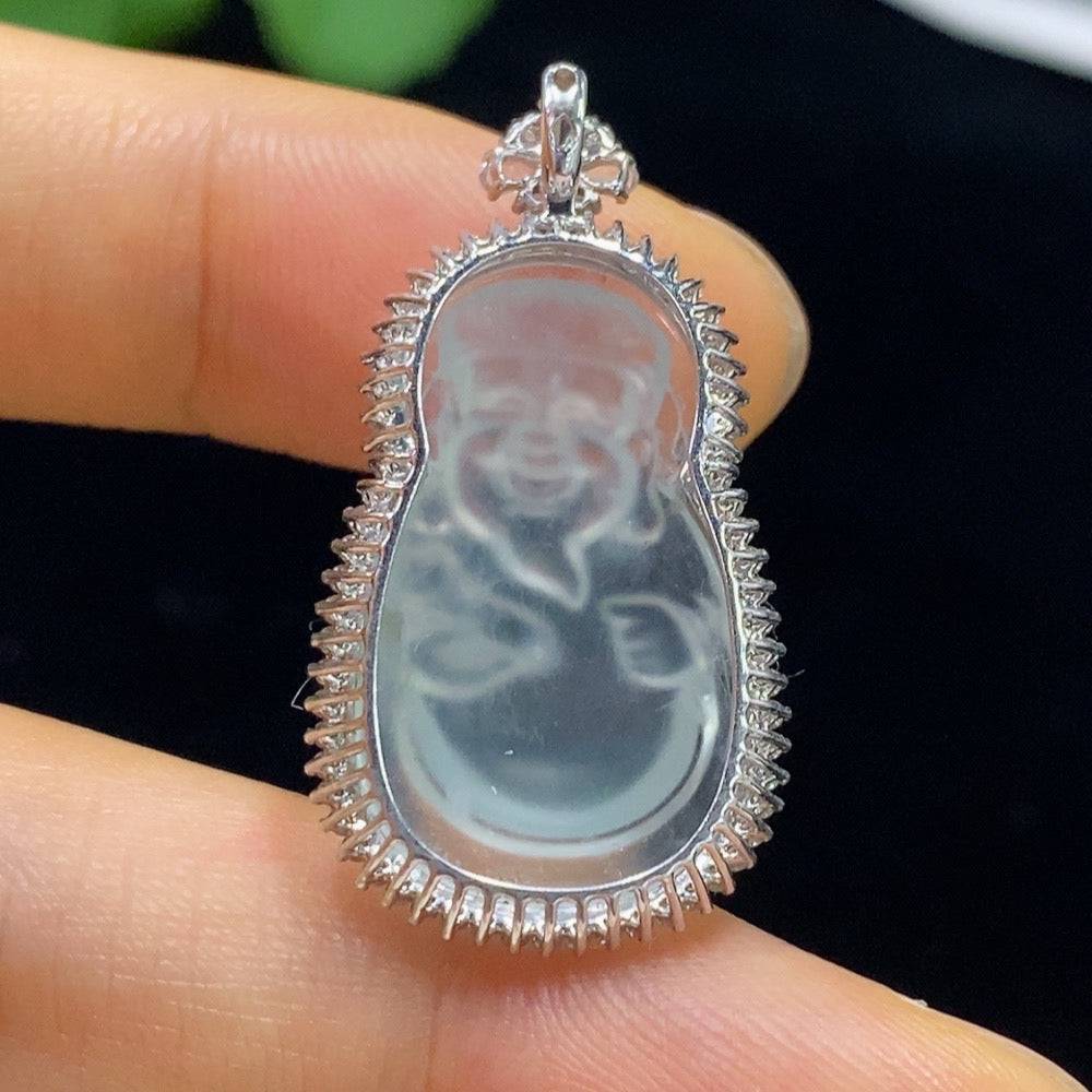 Jadeite Maitreya pendant with diamond accents, 18k gold inlay, featuring a detailed carved jade figure on a jewelry chain.