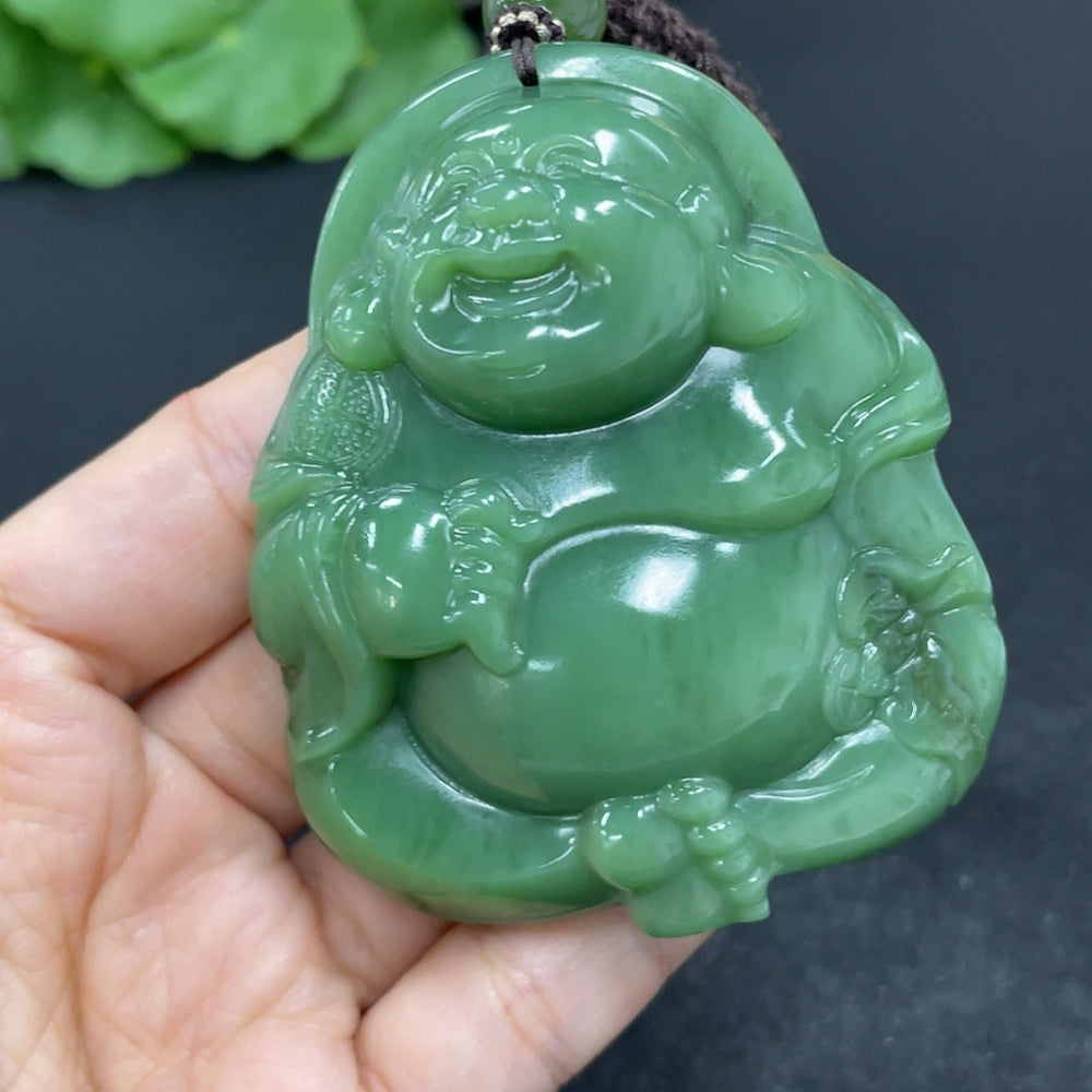 Hetian Jade Buddha pendant necklace with rope, weighing 141.1g, featuring a carved jade Buddha charm from HKHQ.