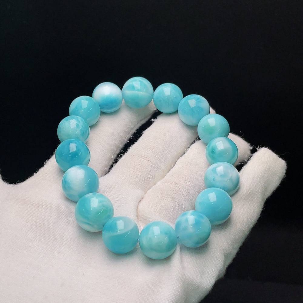 Larimar gemstone bracelet with organic matter, weighs 56.14g, large 13.8mm stones, natural and handcrafted by HUILIU HQ.