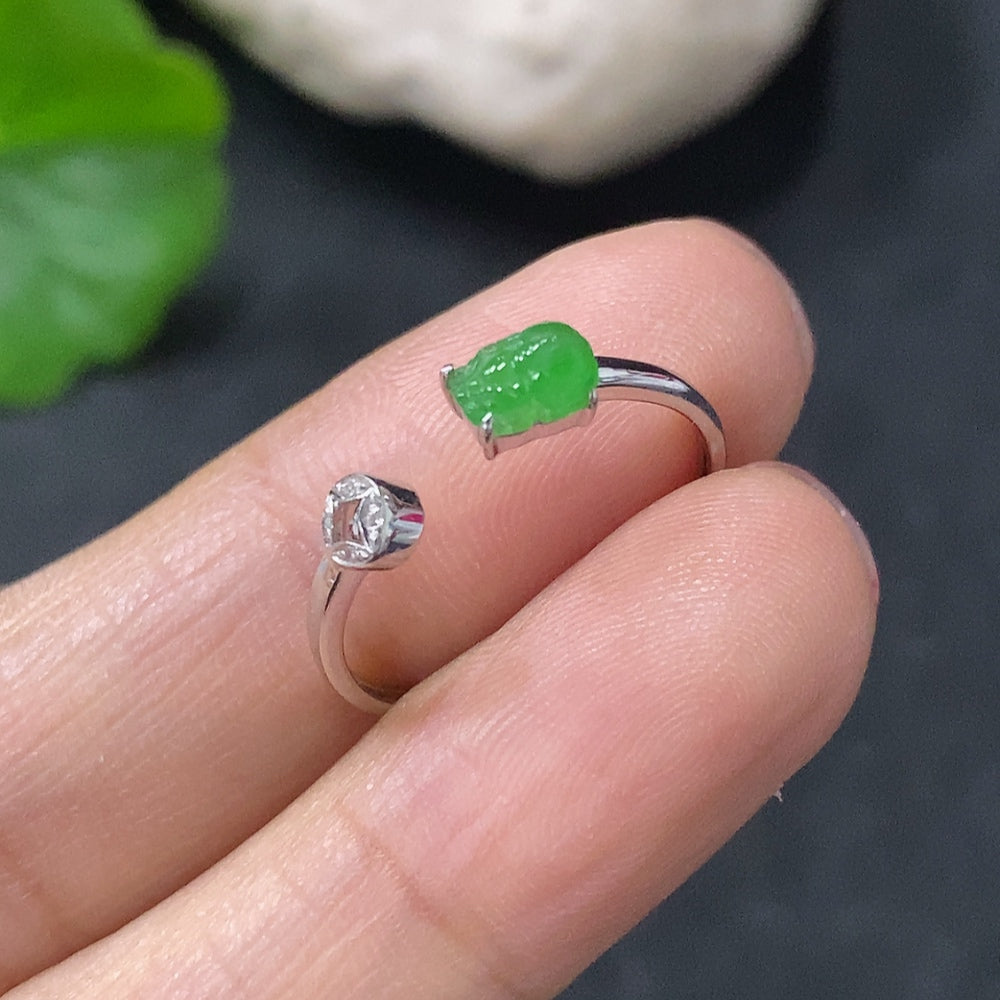 Jadeite inlaid ring by HUILIU HQ with 18k gold and diamond accents, size 14, shown on a white background.