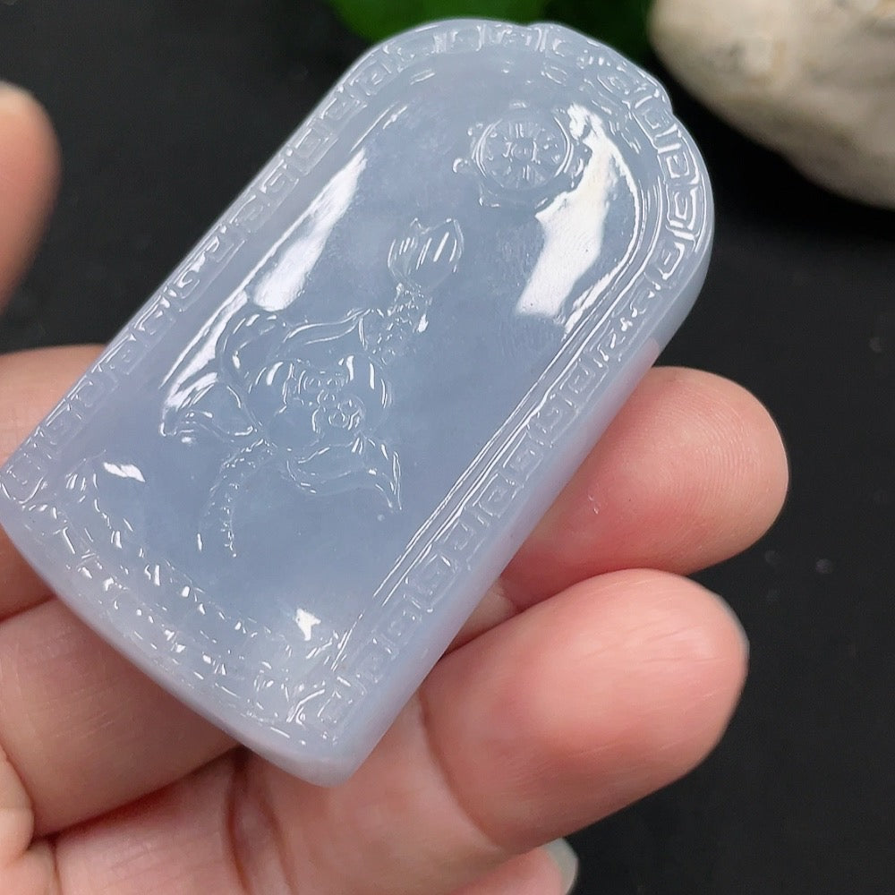 Jadeite Guanyin pendant with intricate carving, crafted from jade, weighing approximately 45.2g, by HUILIU HQ.