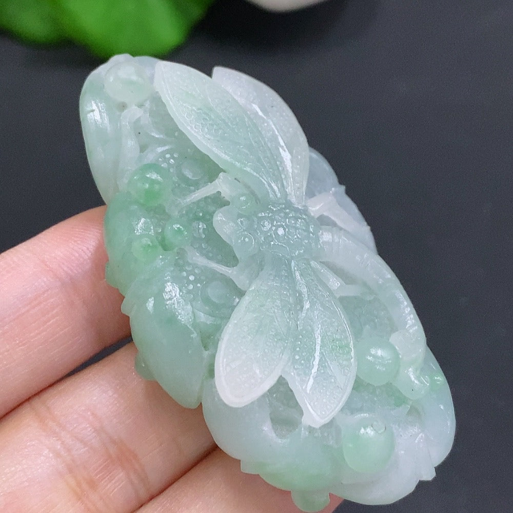 Jadeite Rough Dragonfly Pendant | Huiliu Certified