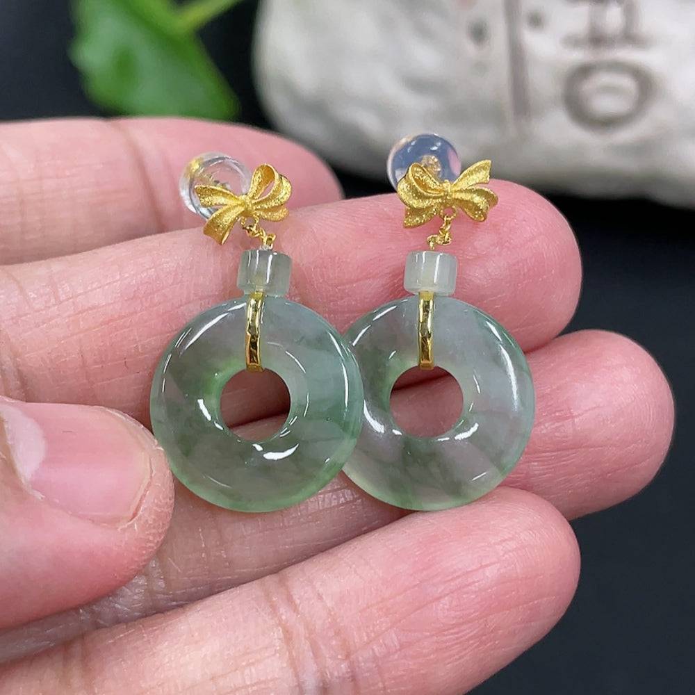 HUILIU HQ jadeite donut stud earrings in 18k gold setting, featuring round jade stones on a white background.