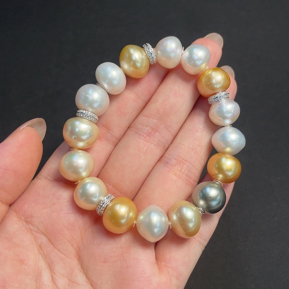 HKHQ seawater pearl bracelet with 12.3mm pearls in non-gold setting, featuring natural, undetermined color for elegant jewelry.