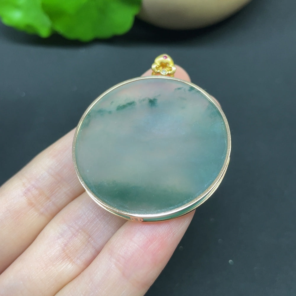 Jadeite round pendant necklace with 18K gold and diamond accents, elegant jewelry piece featuring a polished jadeite gemstone.