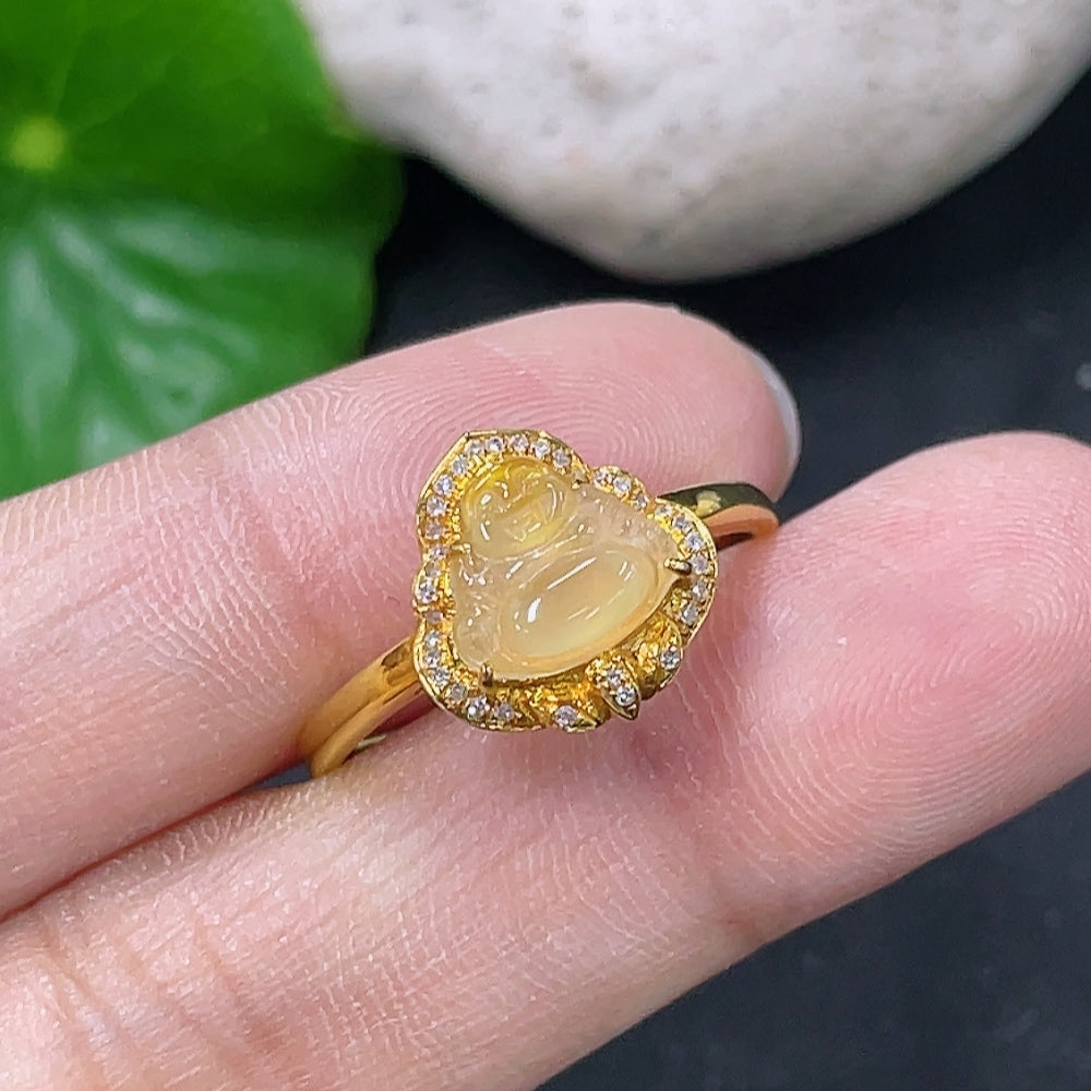 Jadeite Buddha Ring with 18k Gold Setting, Color Origin Undetermined, Diamond Accents, Base Metal Affects Color