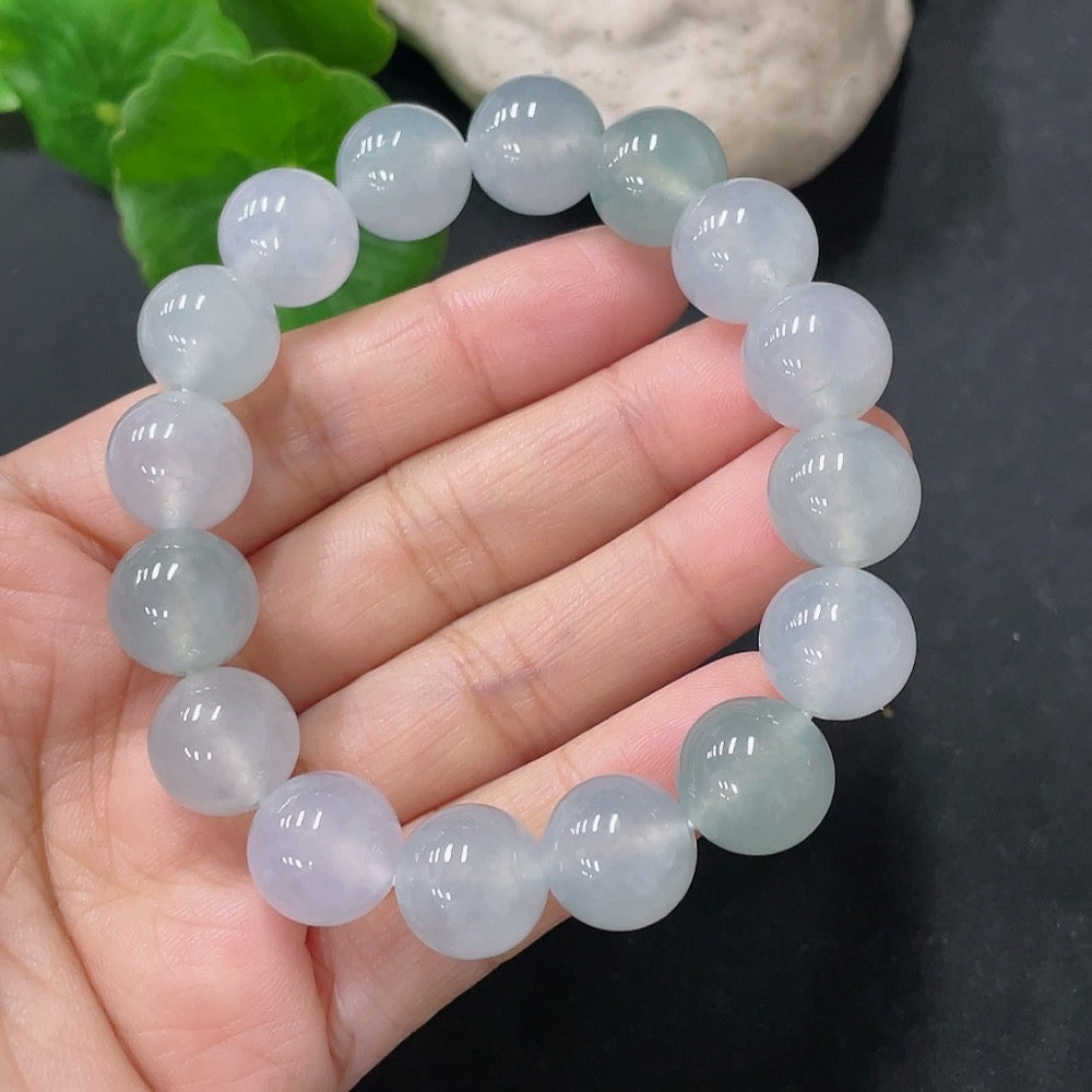 HUILIU HQ jadeite bracelet with 12mm beads, total weight approx. 47.72g, showcasing smooth, polished jade stones.