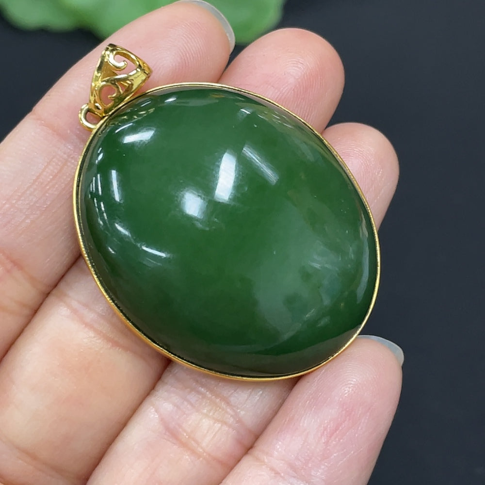 Green Hetian Jade Cabochon Pendant with 18K Gold Setting