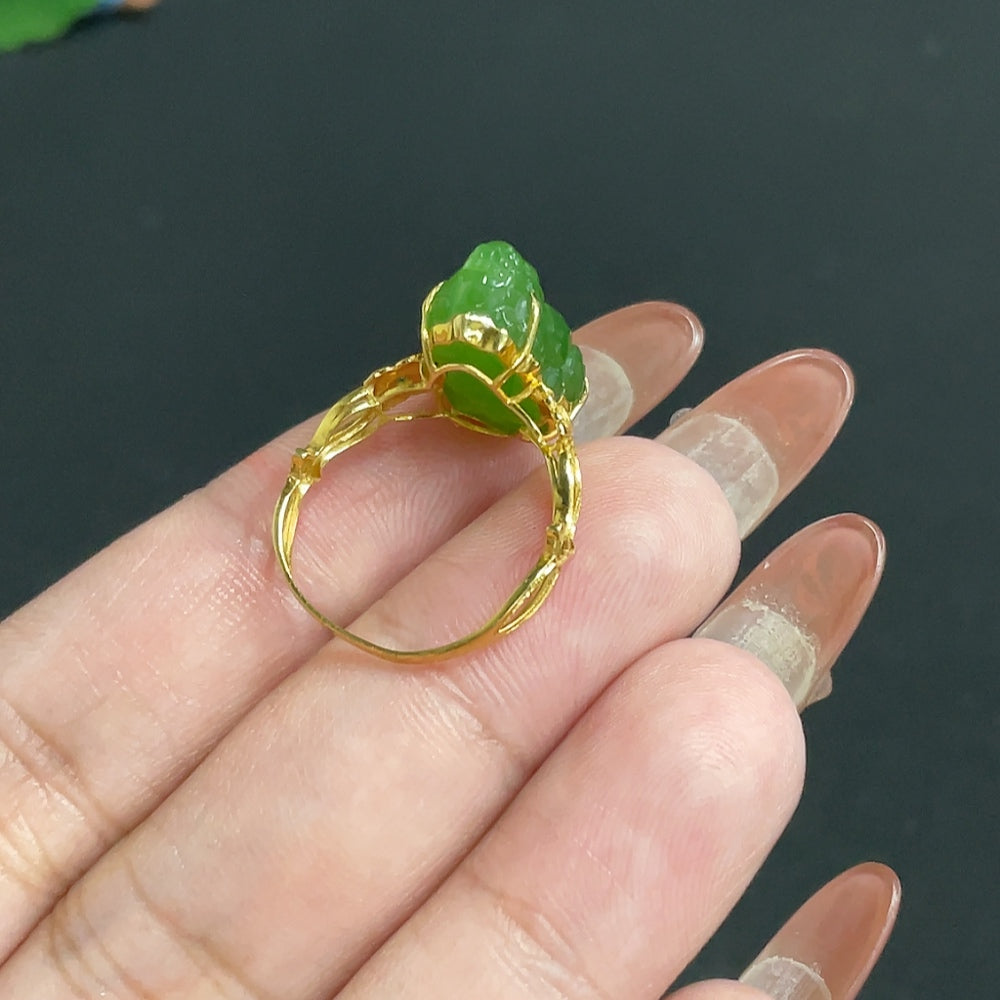 Hetian Jade Jasper Inlaid Auspicious Beast Ring Size 14 Total Weight Approx. 2.8g 18k