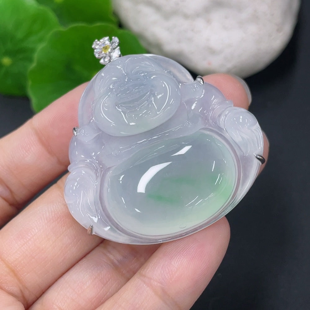 Jadeite Inlaid Buddha Pendant with 18k Clasp and Non-Gold Accents, Set with Colorless Diamonds, Total Weight Approximately 20g