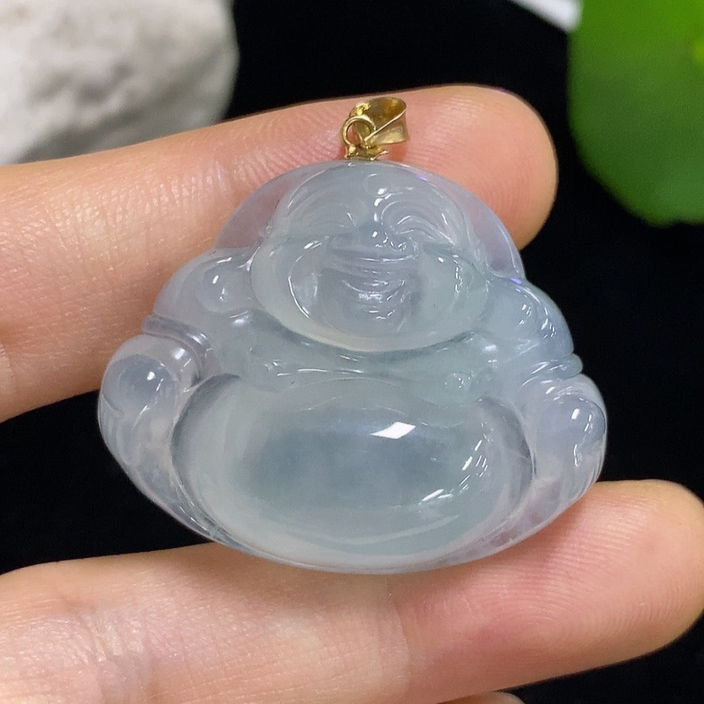 Jadeite Buddha pendant with 18k gold setting, weighing approximately 13.46 grams, featuring intricate carved Buddhist figure.