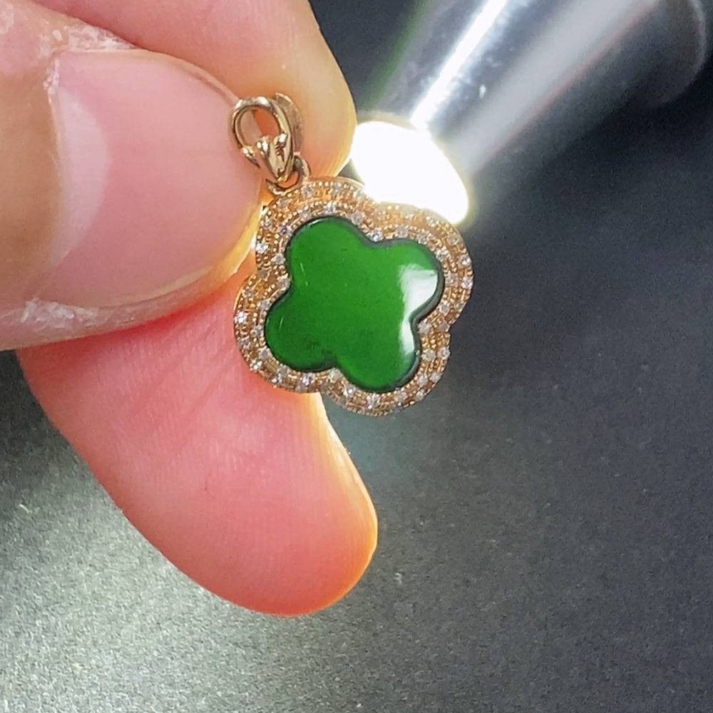 Huiliu Jadeite inlay pendant with diamond accents, showcasing a polished green jade piece in a detailed jewelry design.